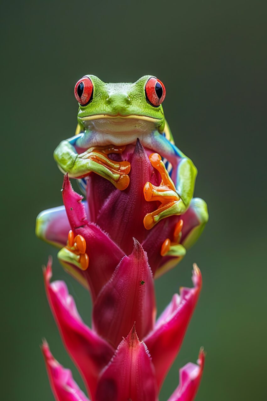 Fotografie Poster Rotaugenfrosch grün rote Augen Blüte rot