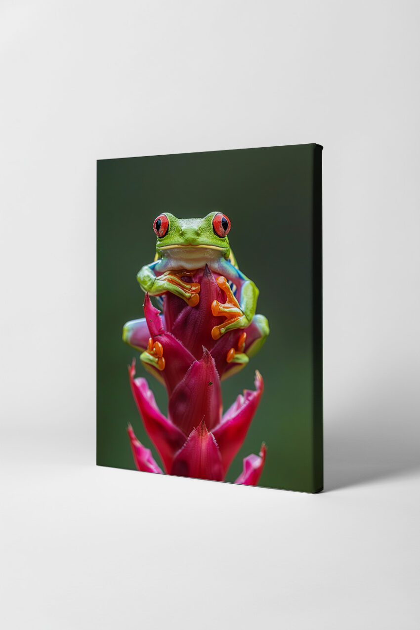 Fotografie Poster Rotaugenfrosch grün rote Augen Blüte rot
