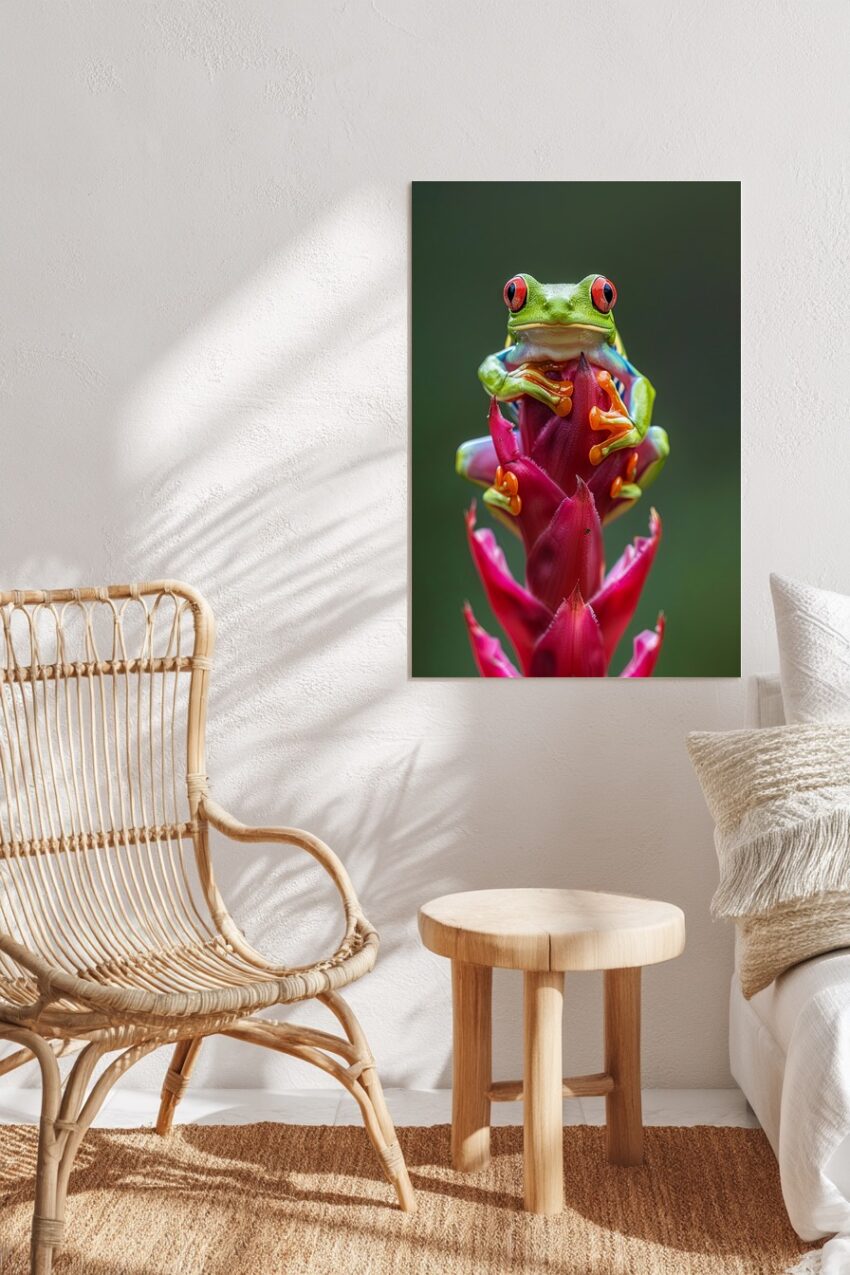 Fotografie Poster Rotaugenfrosch grün rote Augen Blüte rot