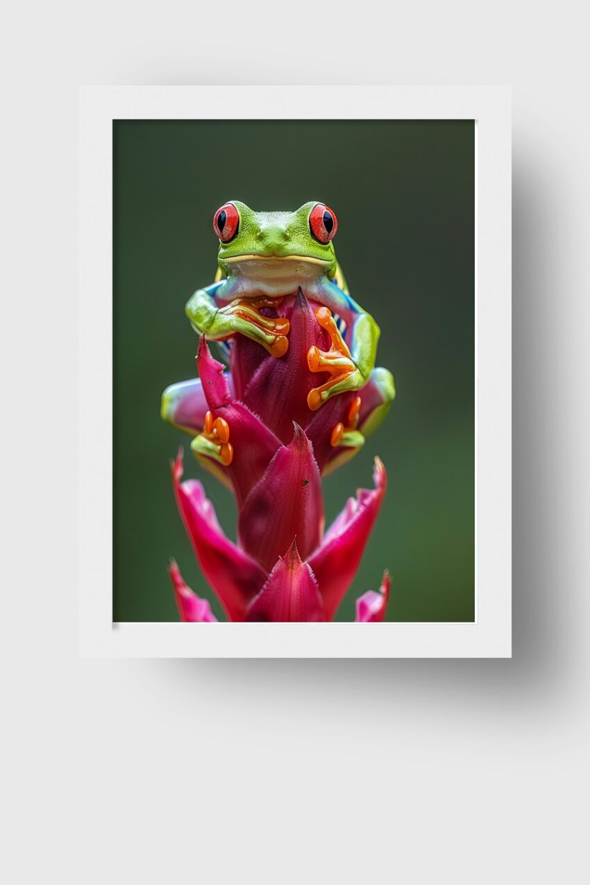 Fotografie Poster Rotaugenfrosch grün rote Augen Blüte rot