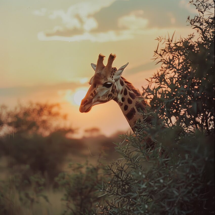 Fotografie Poster Giraffe Sonnenuntergang warm