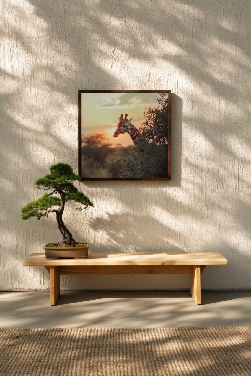 Fotografie Poster Giraffe Sonnenuntergang warm