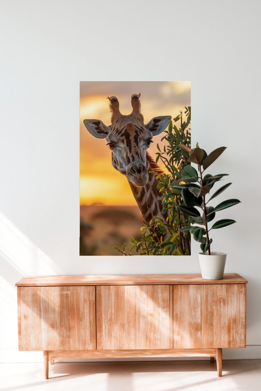 Fotografie Poster Giraffe Gesicht Sonnenuntergang warm