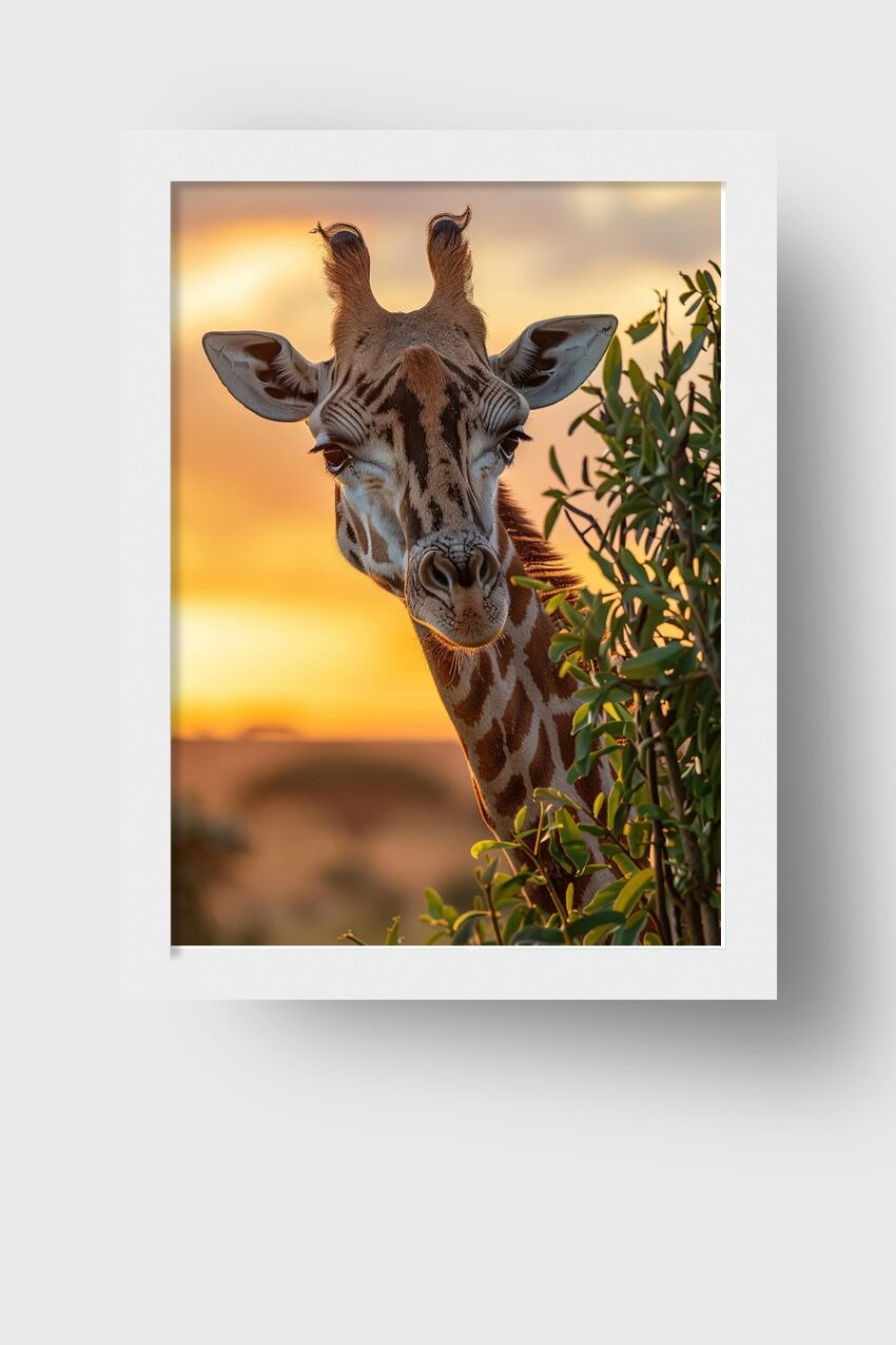Fotografie Poster Giraffe Gesicht Sonnenuntergang warm