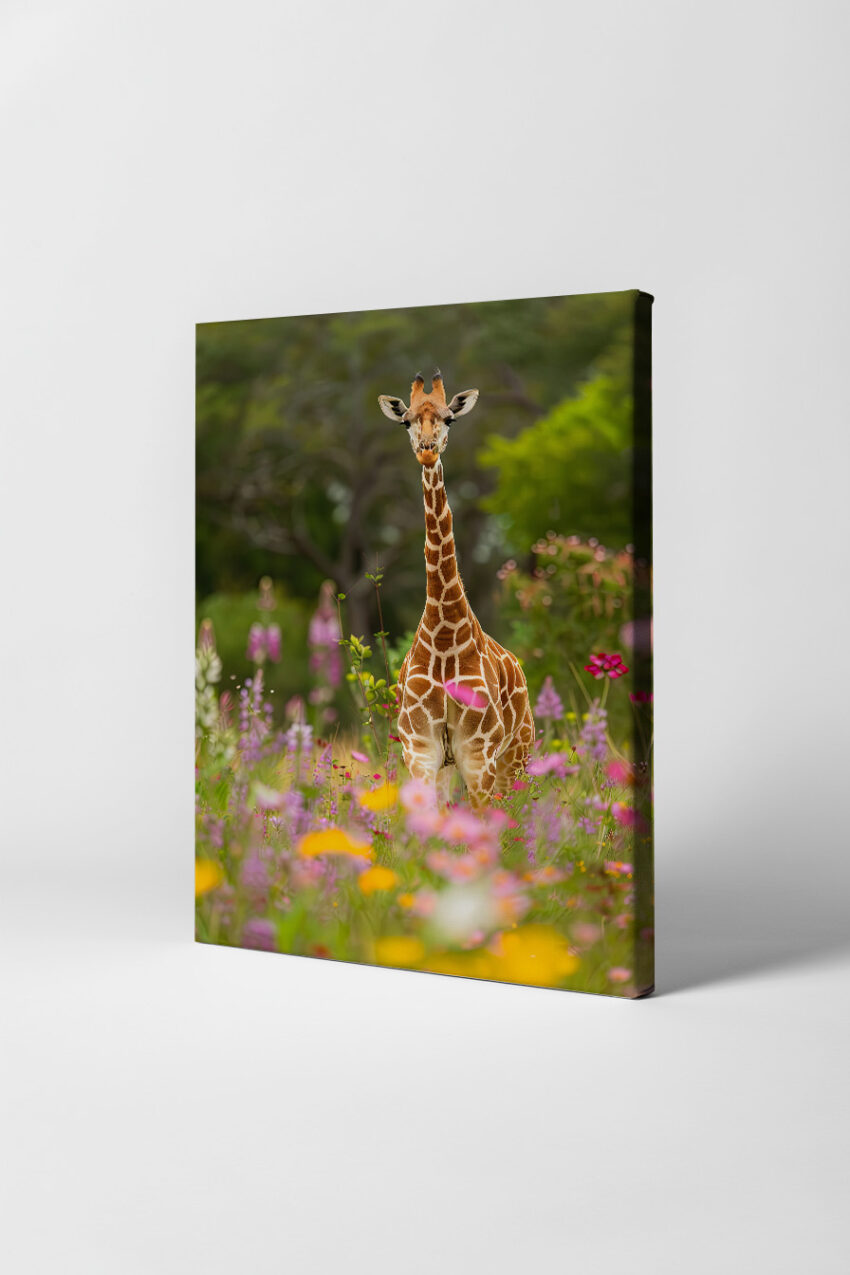 Fotografie Poster Giraffe frontal Wiese bunt