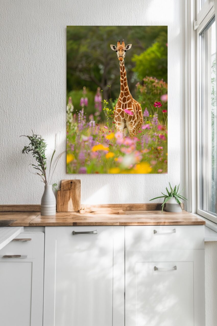 Fotografie Poster Giraffe frontal Wiese bunt