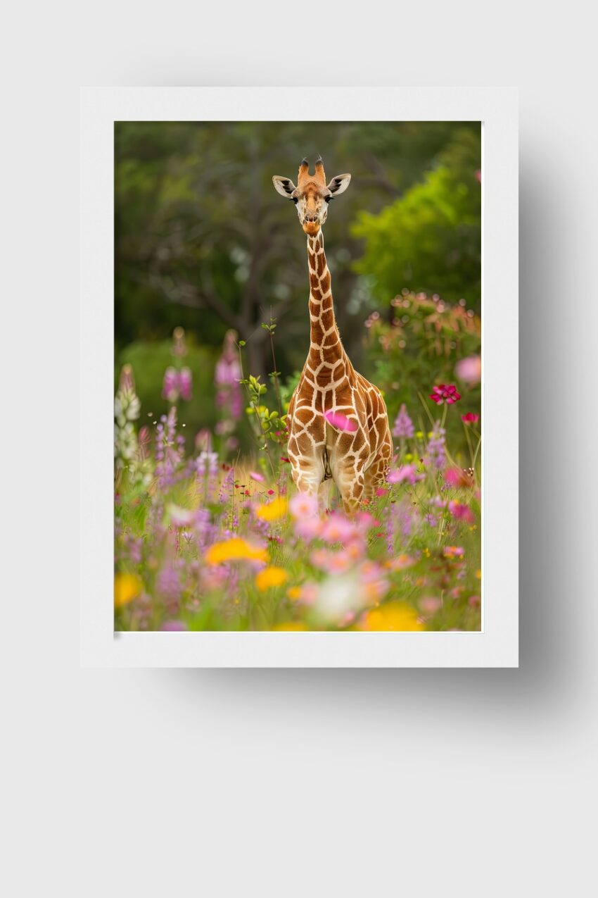 Fotografie Poster Giraffe frontal Wiese bunt