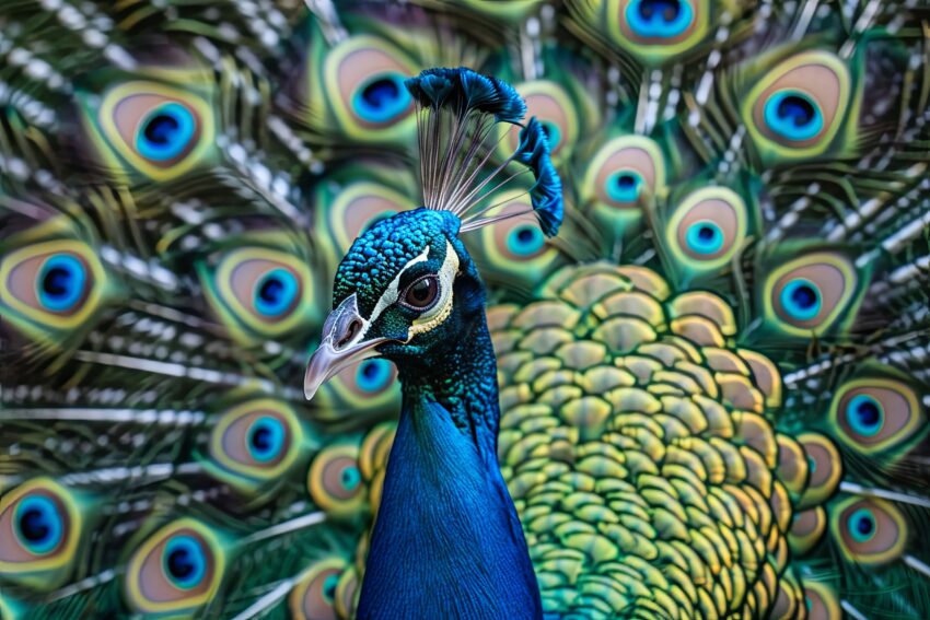 Fotografie Poster Pfau Kopf bunte Federn detailreich