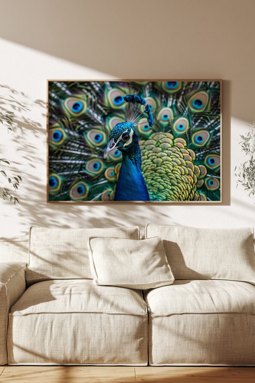 Fotografie Poster Pfau Kopf bunte Federn detailreich