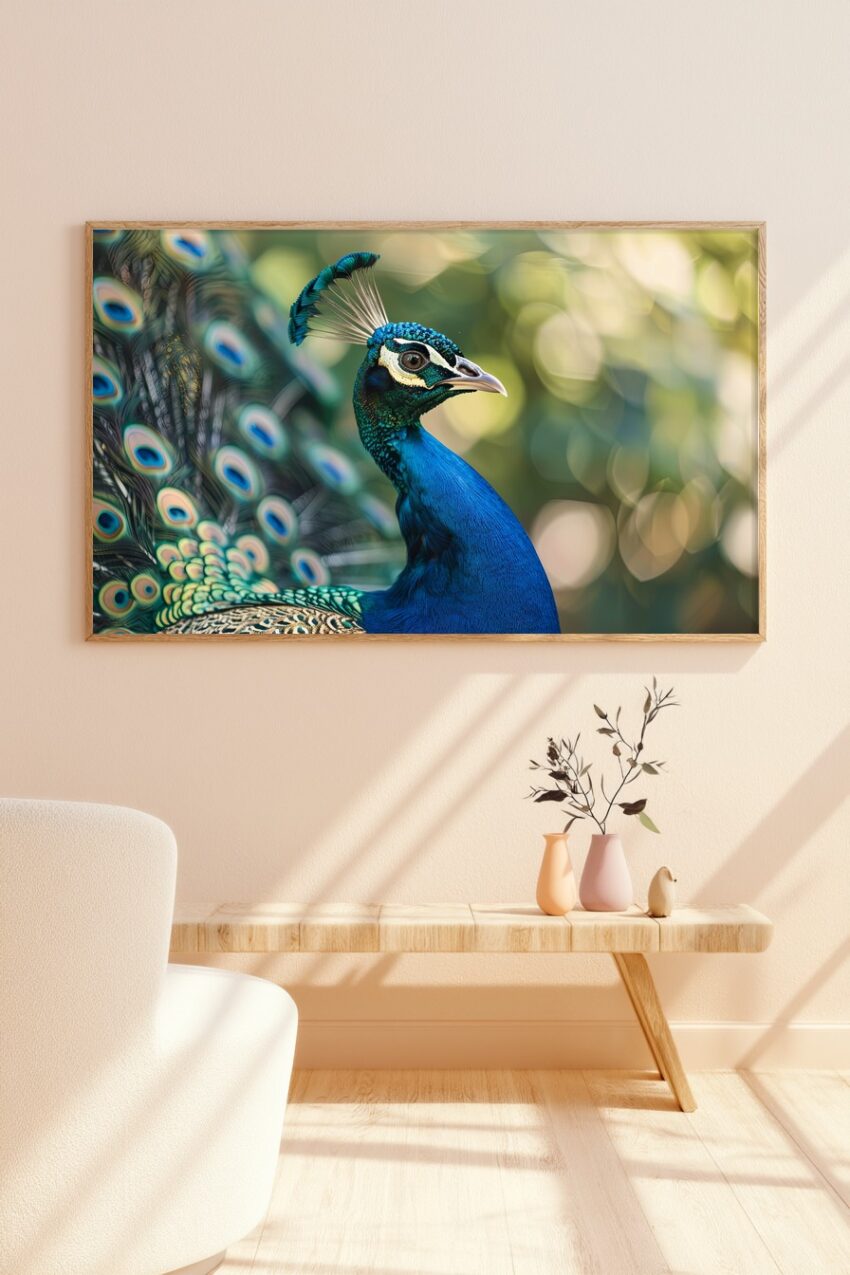 Fotografie Poster Pfau Kopf detailreich blau grün