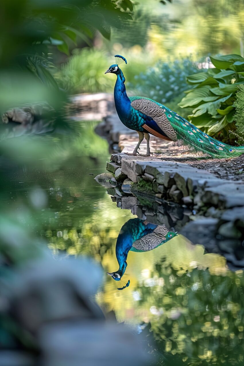 Fotografie Poster Pfau Wasserspiegelung blau grün