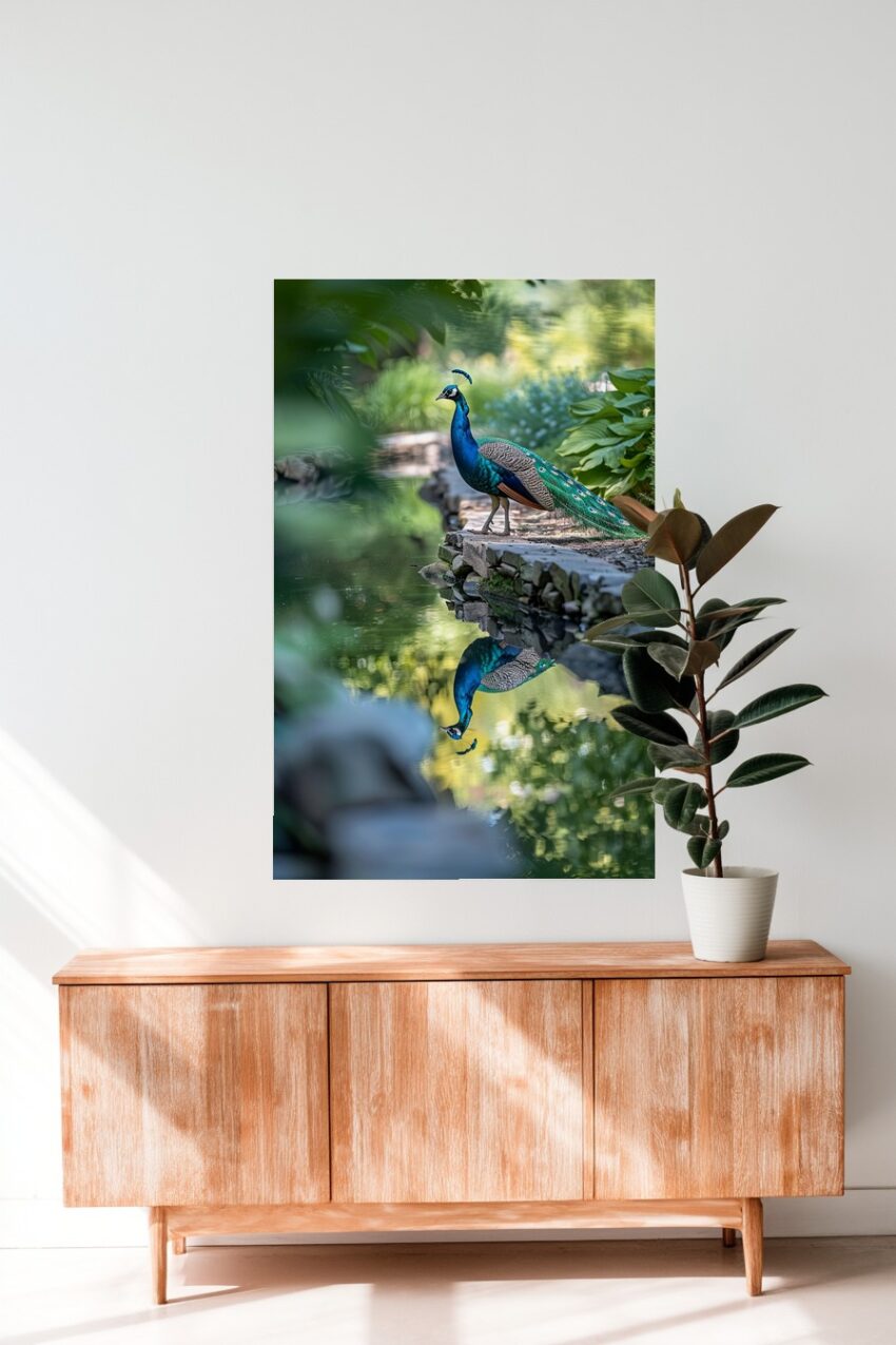 Fotografie Poster Pfau Wasserspiegelung blau grün