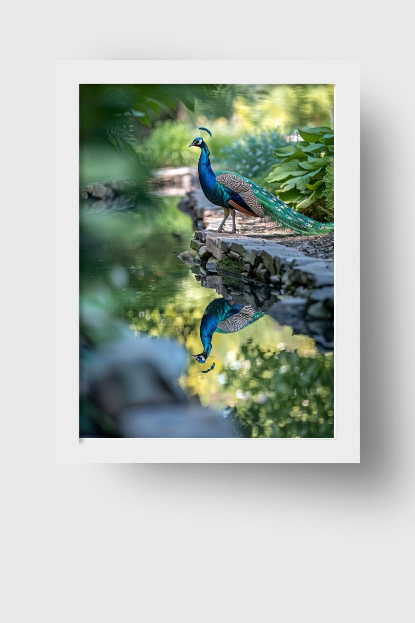 Fotografie Poster Pfau Wasserspiegelung blau grün