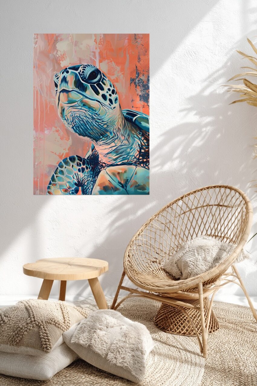 Digitale Kunst Poster Schildkröte Kopf blau orange