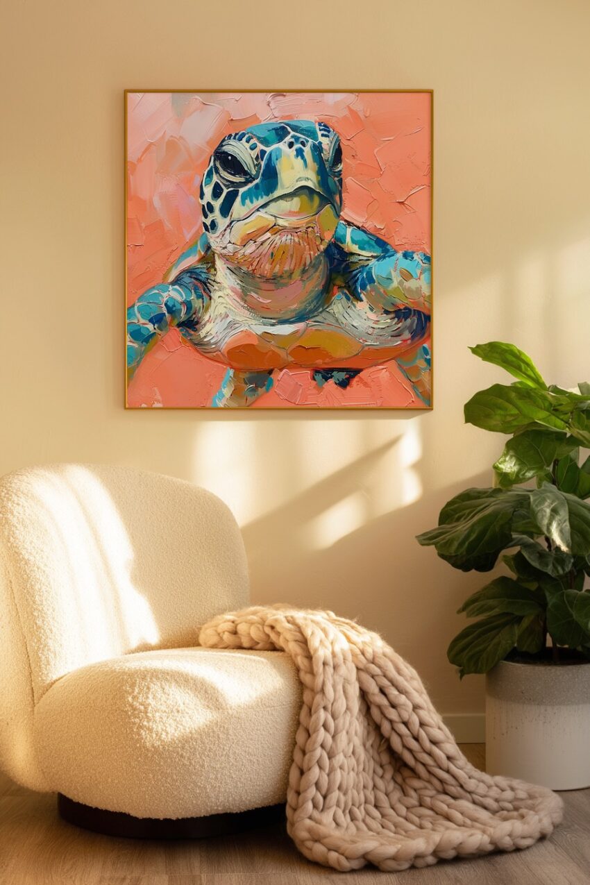 Moderne Poster Meeresschildkröte Nahaufnahme bunt lebendig