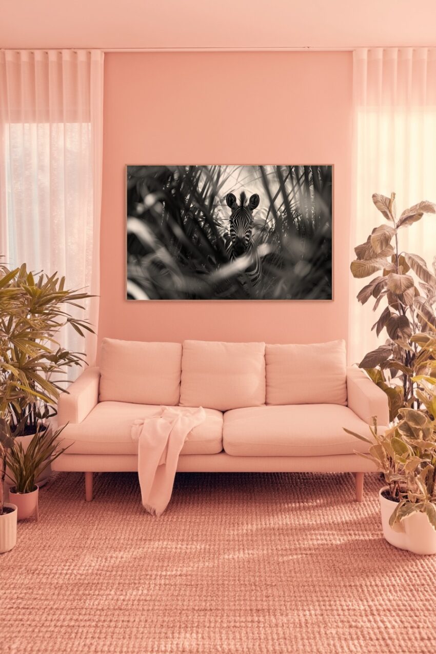 Fotografie Poster Zebra schwarz-weiß Tierportrait gebüsch