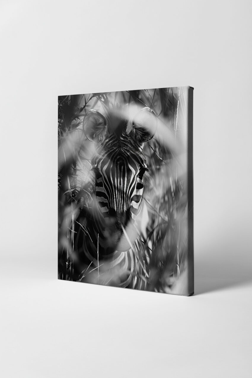 Fotografie Poster Zebra schwarz-weiß im Gras versteckt