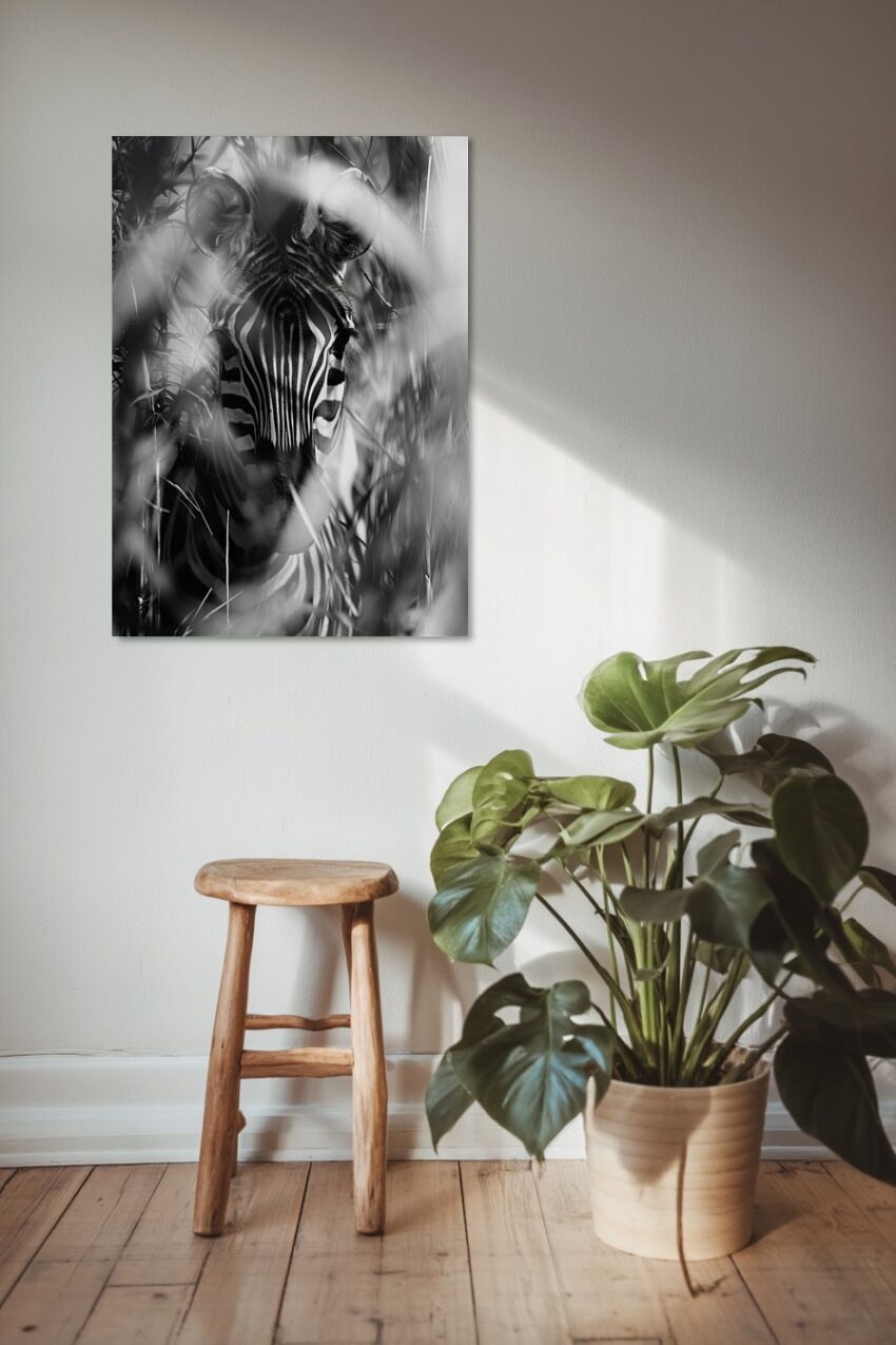 Fotografie Poster Zebra schwarz-weiß im Gras versteckt