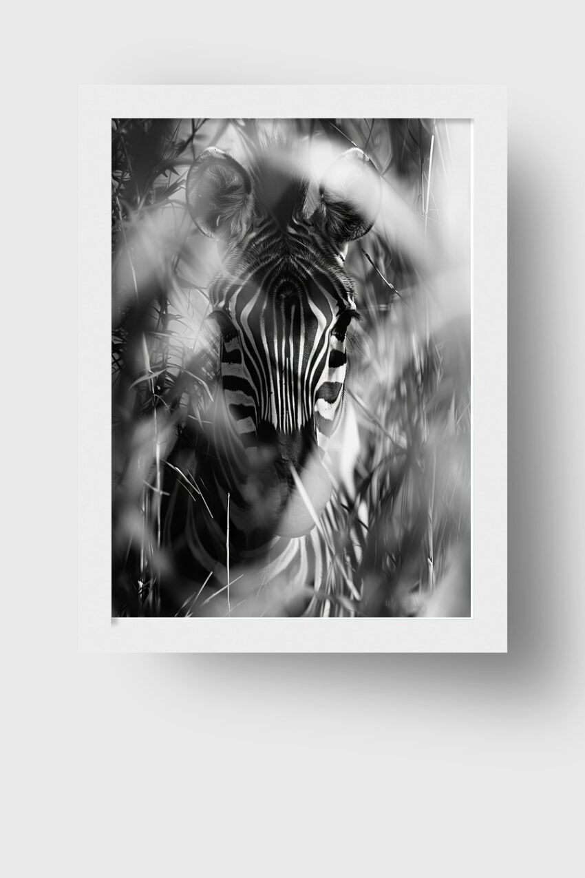 Fotografie Poster Zebra schwarz-weiß im Gras versteckt