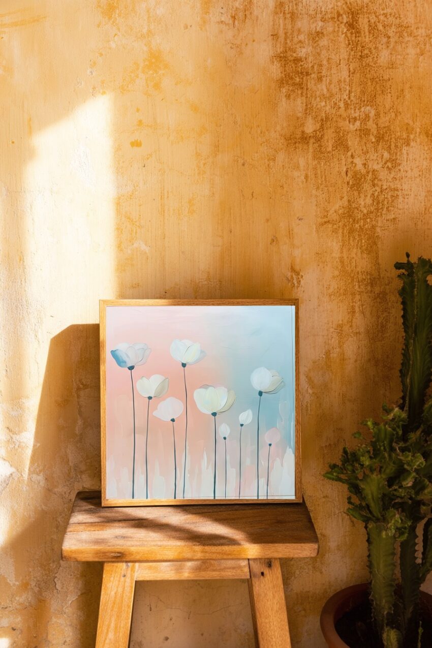 Digitale Kunst Poster weiße Blumen pastellfarben minimalistisch
