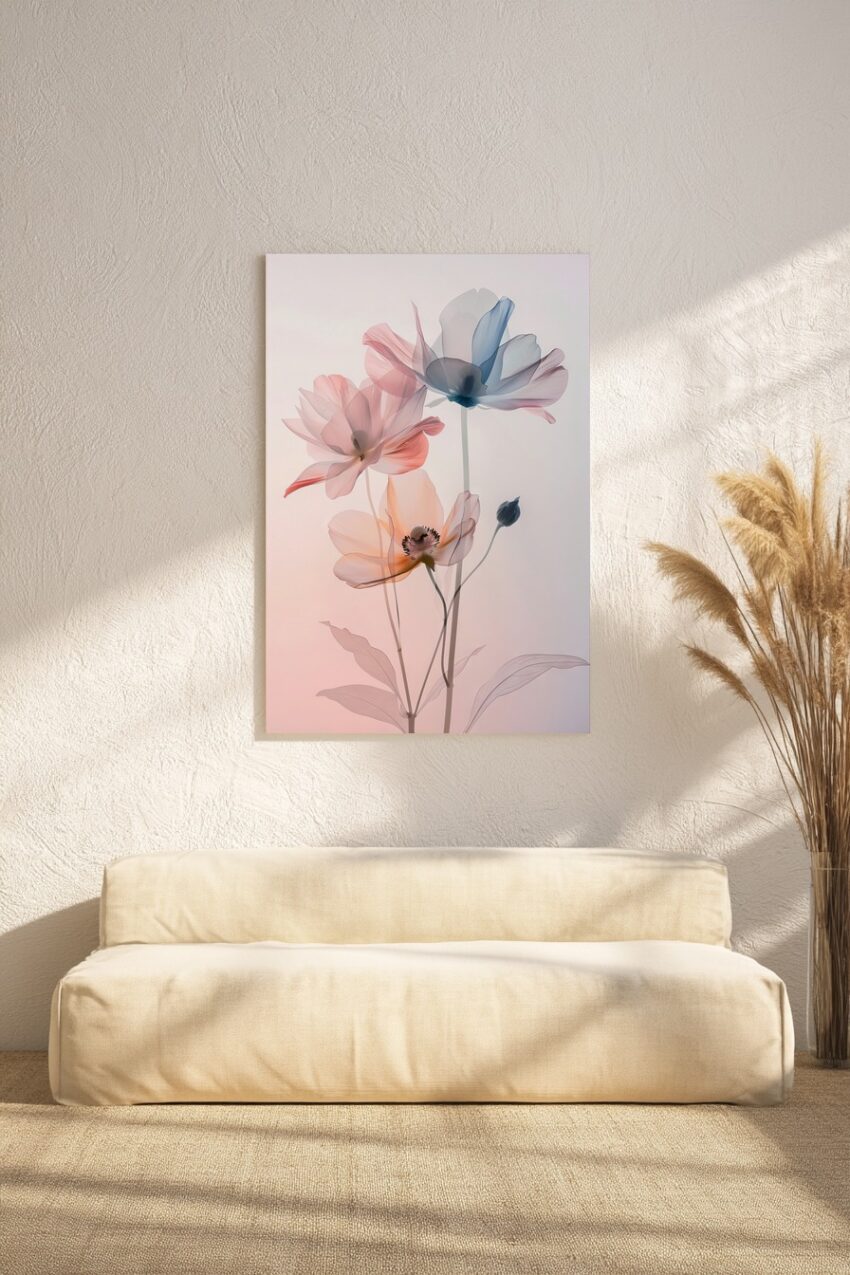 Fotografie Poster Blumen transparent filigran rosa blau