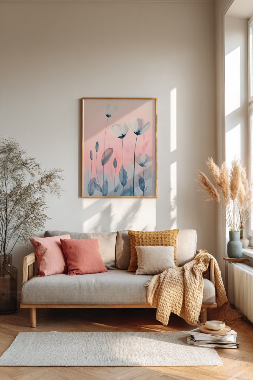 Illustration Poster Blüten transparent pastell rosa blau