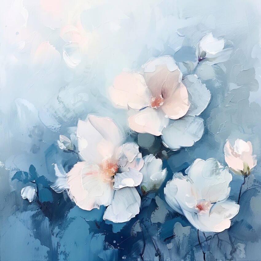 Abstrakt Poster weiße Blüten minimalistisch blau