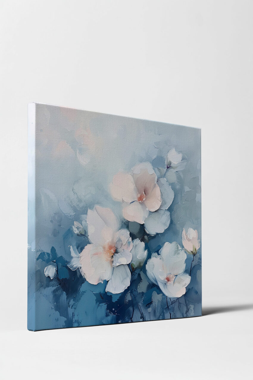 Abstrakt Poster weiße Blüten minimalistisch blau