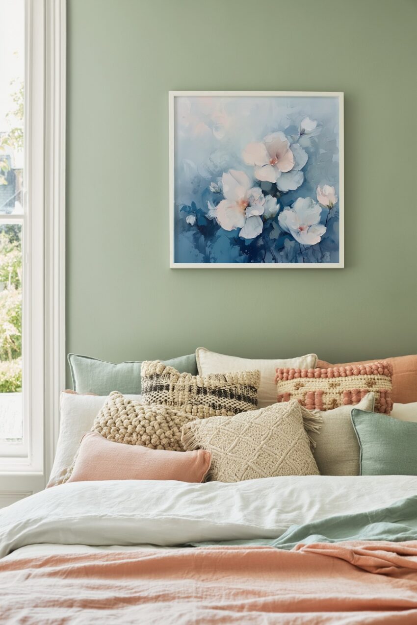 Abstrakt Poster weiße Blüten minimalistisch blau