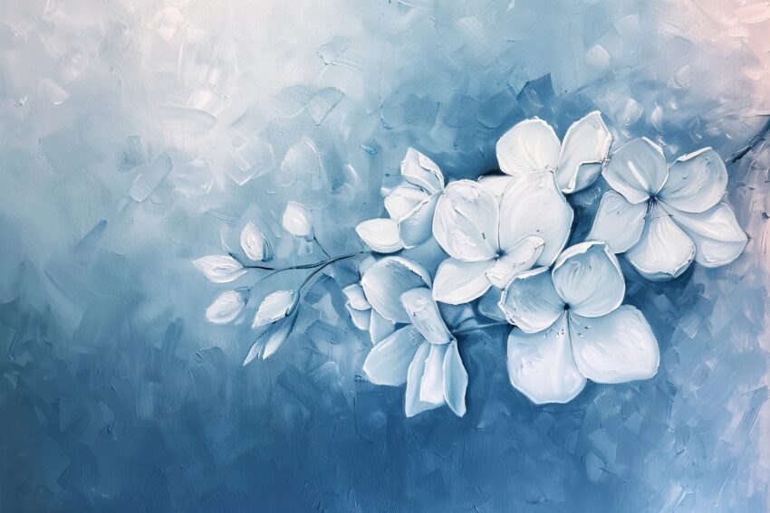 Malerei Poster weiße Blüten blau-weiß detailliert