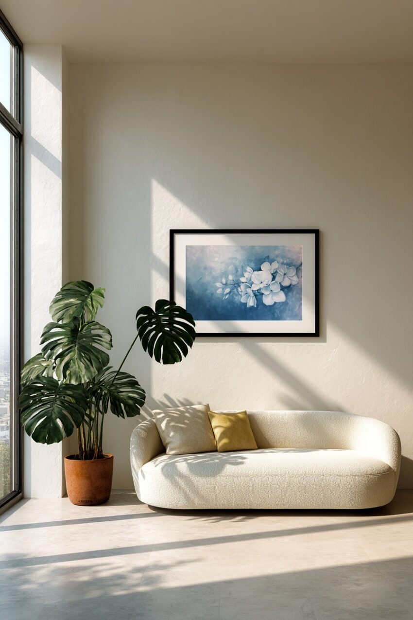 Malerei Poster weiße Blüten blau-weiß detailliert