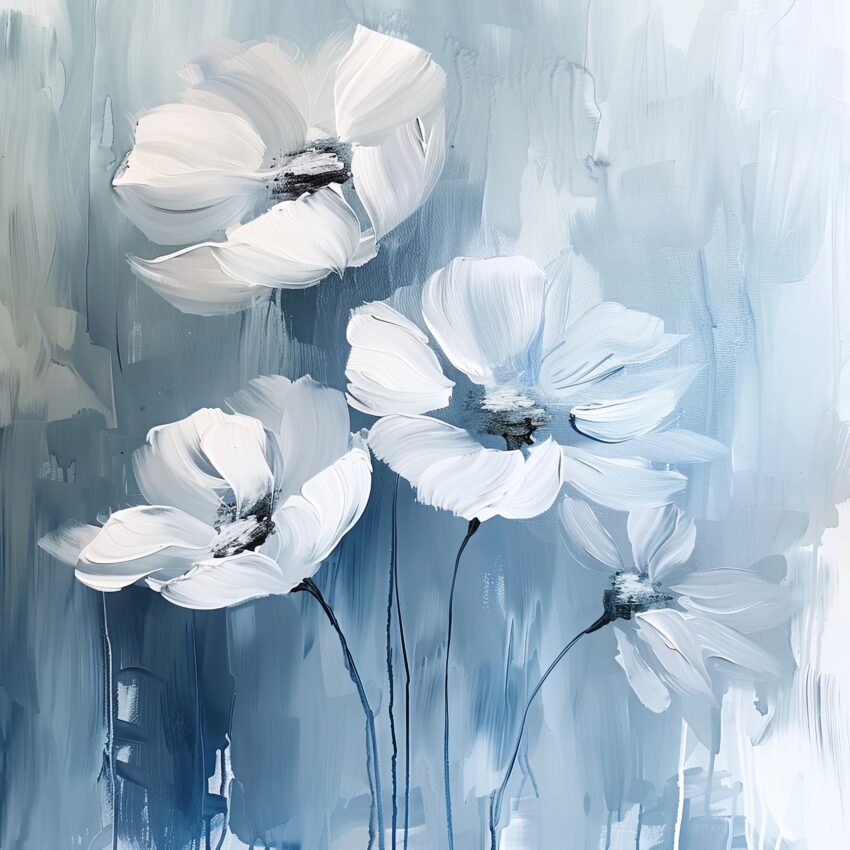 Malerei Poster Blumen weiß blau zart Bewegung