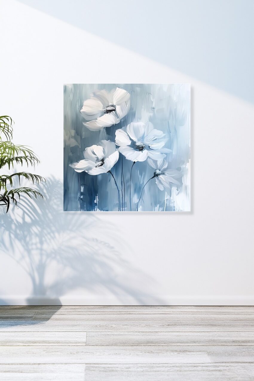 Malerei Poster Blumen weiß blau zart Bewegung
