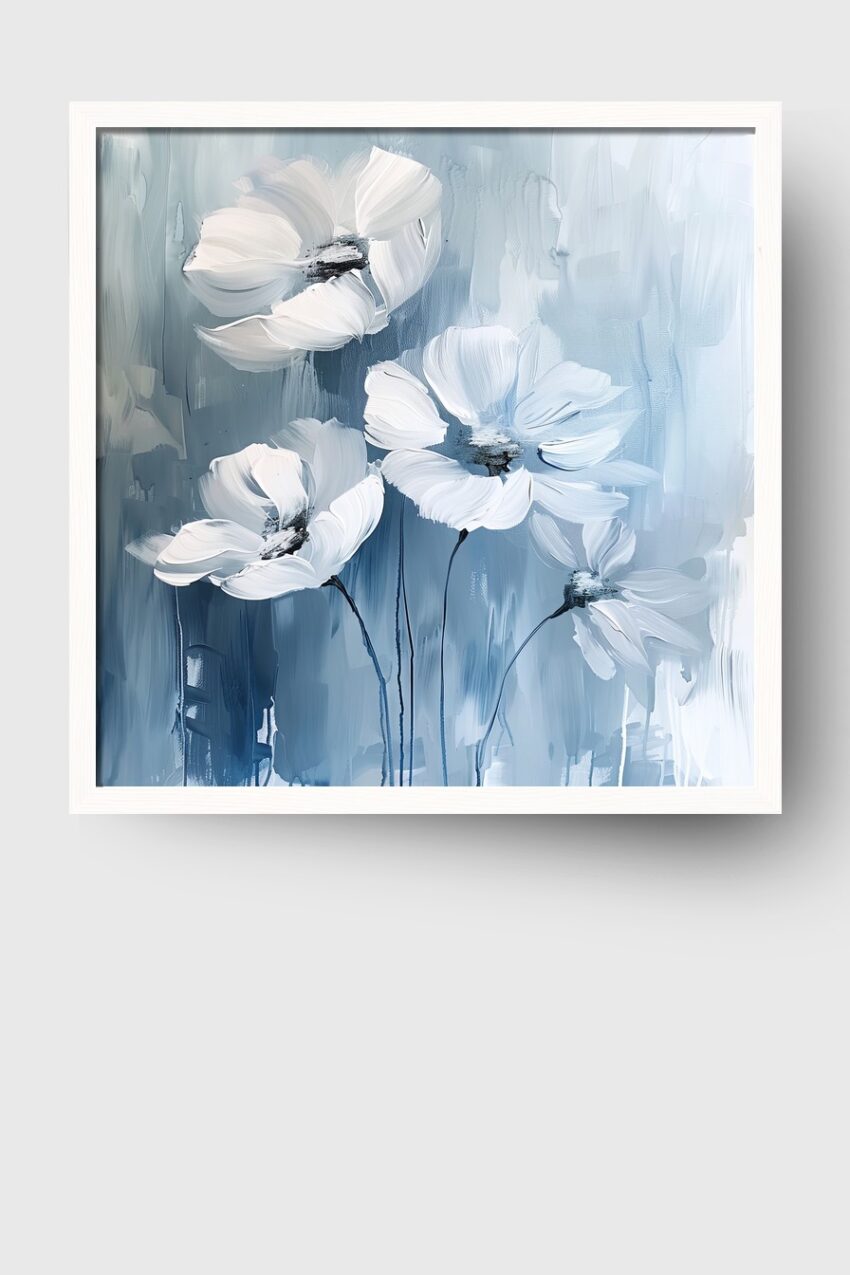 Malerei Poster Blumen weiß blau zart Bewegung