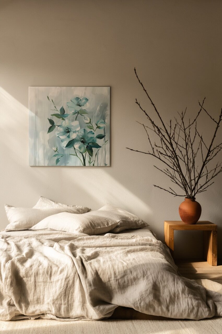 Malerei Poster Blumenstrauß hellblau grün sanft