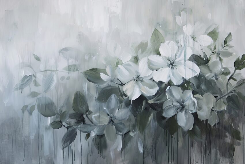 Malerei Poster weiße Blütenzweige grau weiß minimalistisch