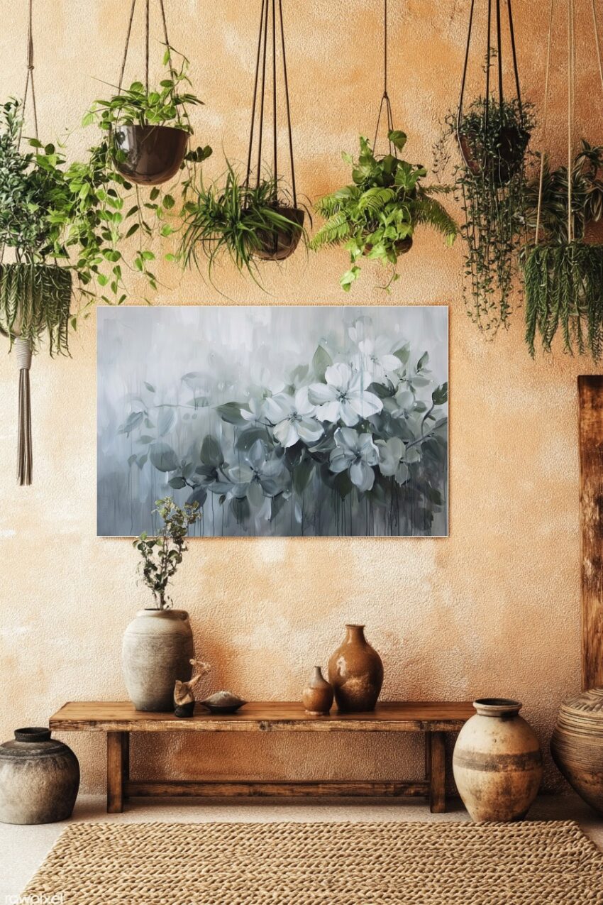 Malerei Poster weiße Blütenzweige grau weiß minimalistisch