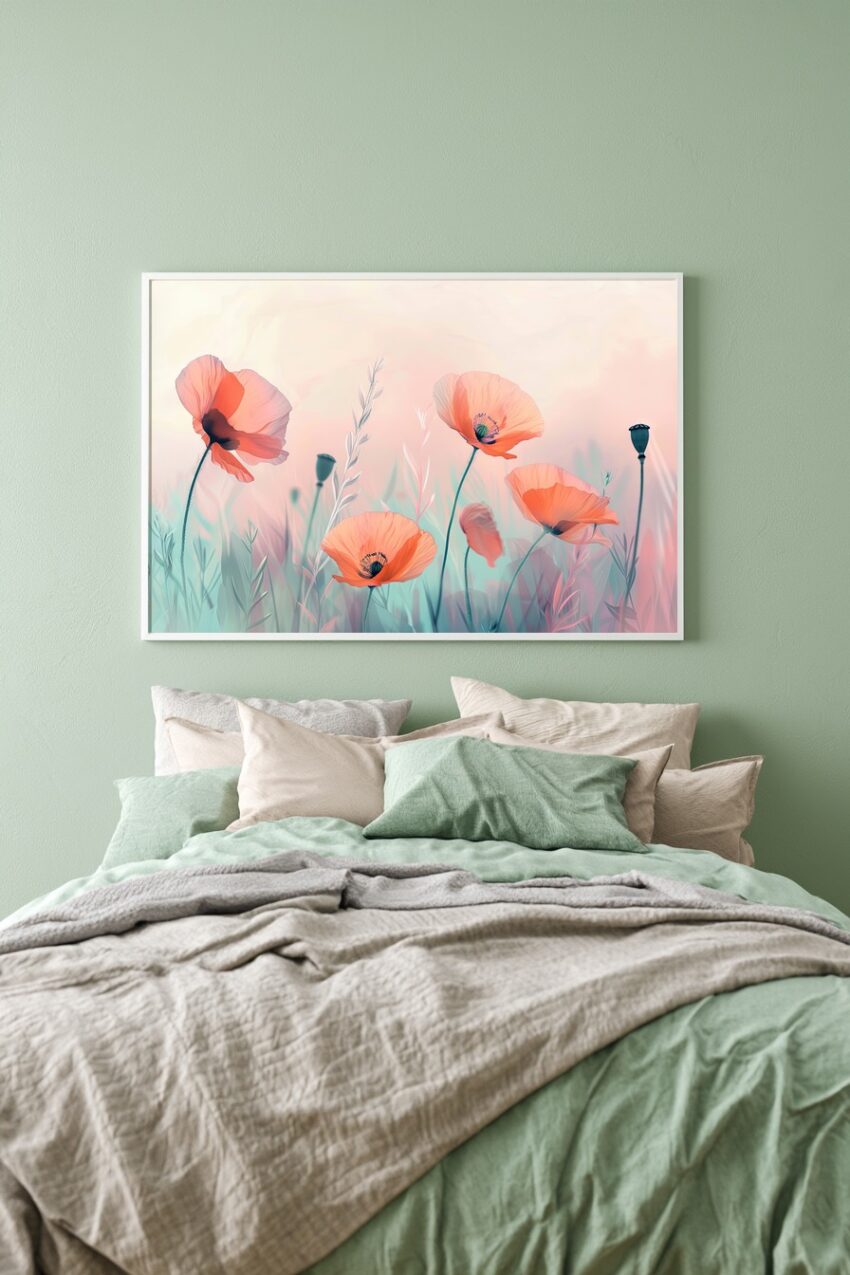 Illustration Poster Mohnblumen zart pastellfarben rosa grün