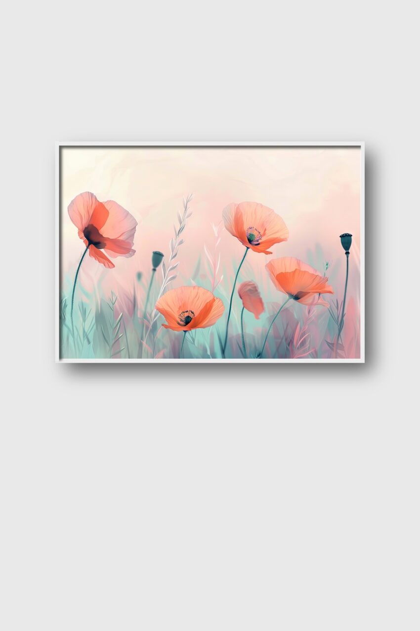 Illustration Poster Mohnblumen zart pastellfarben rosa grün