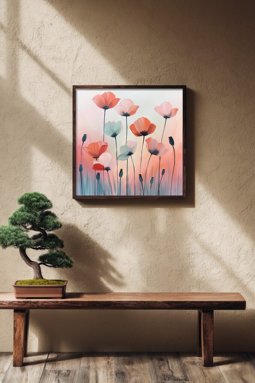 Illustration Poster Mohnblume filigran rot pastell