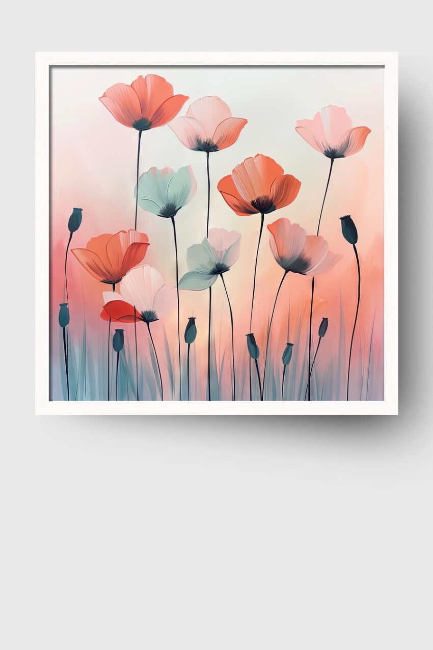 Illustration Poster Mohnblume filigran rot pastell