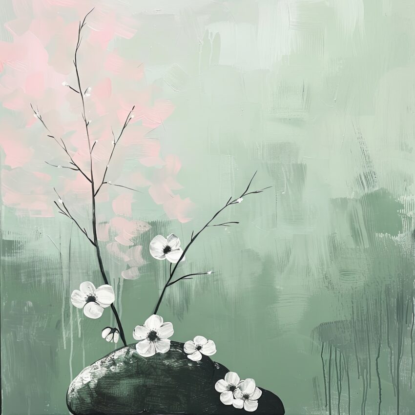 Illustration Poster Blumenzweig Stein minimalistisch weiß grün