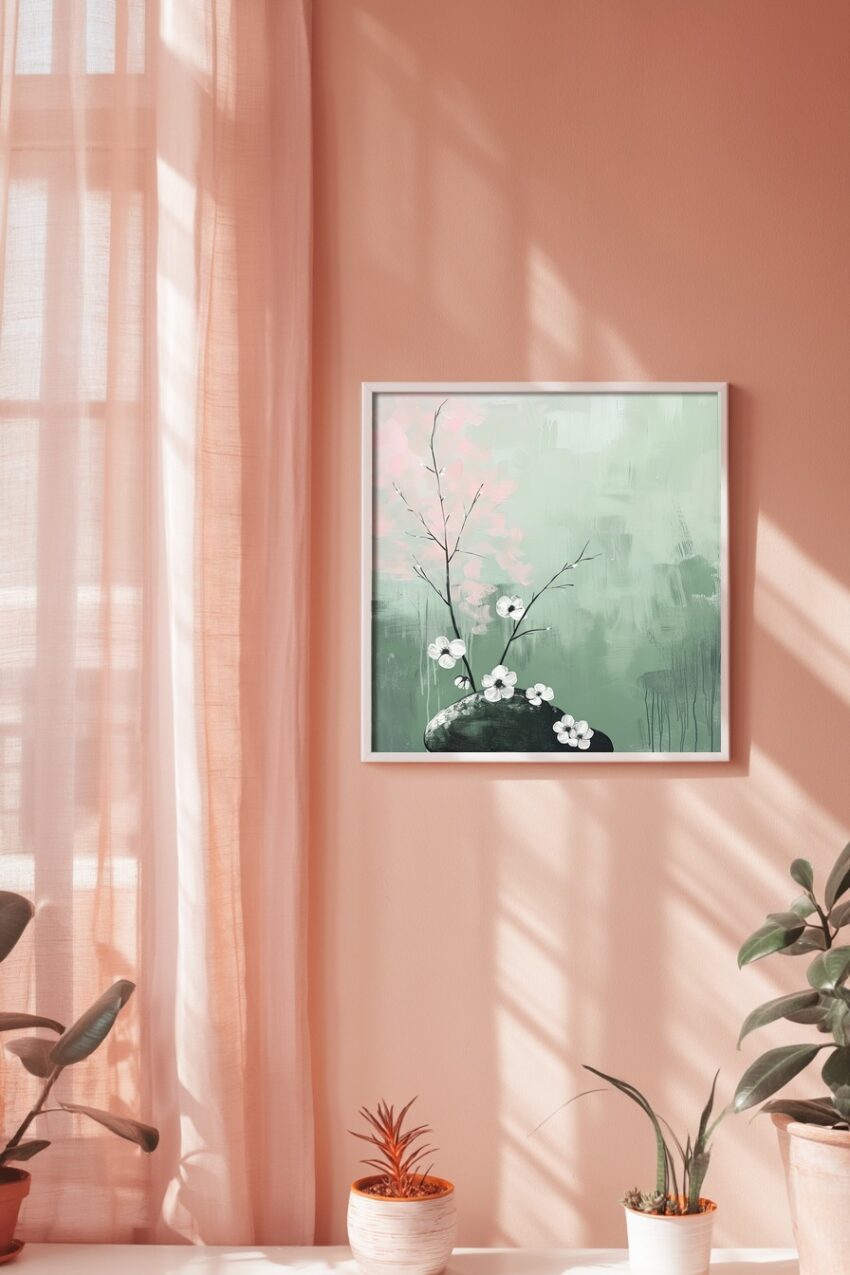 Illustration Poster Blumenzweig Stein minimalistisch weiß grün