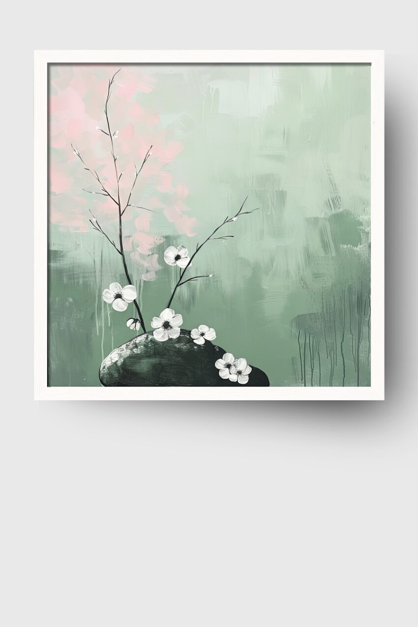 Illustration Poster Blumenzweig Stein minimalistisch weiß grün