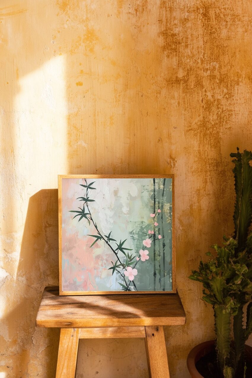 Illustration Poster Kirschblütenzweig zart rosa grün pastell