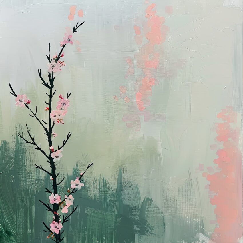 Malerei Poster Kirschzweig zart rosa schwarz minimalistisch