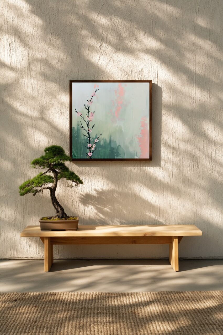 Malerei Poster Kirschzweig zart rosa schwarz minimalistisch