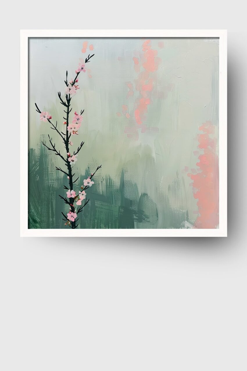 Malerei Poster Kirschzweig zart rosa schwarz minimalistisch