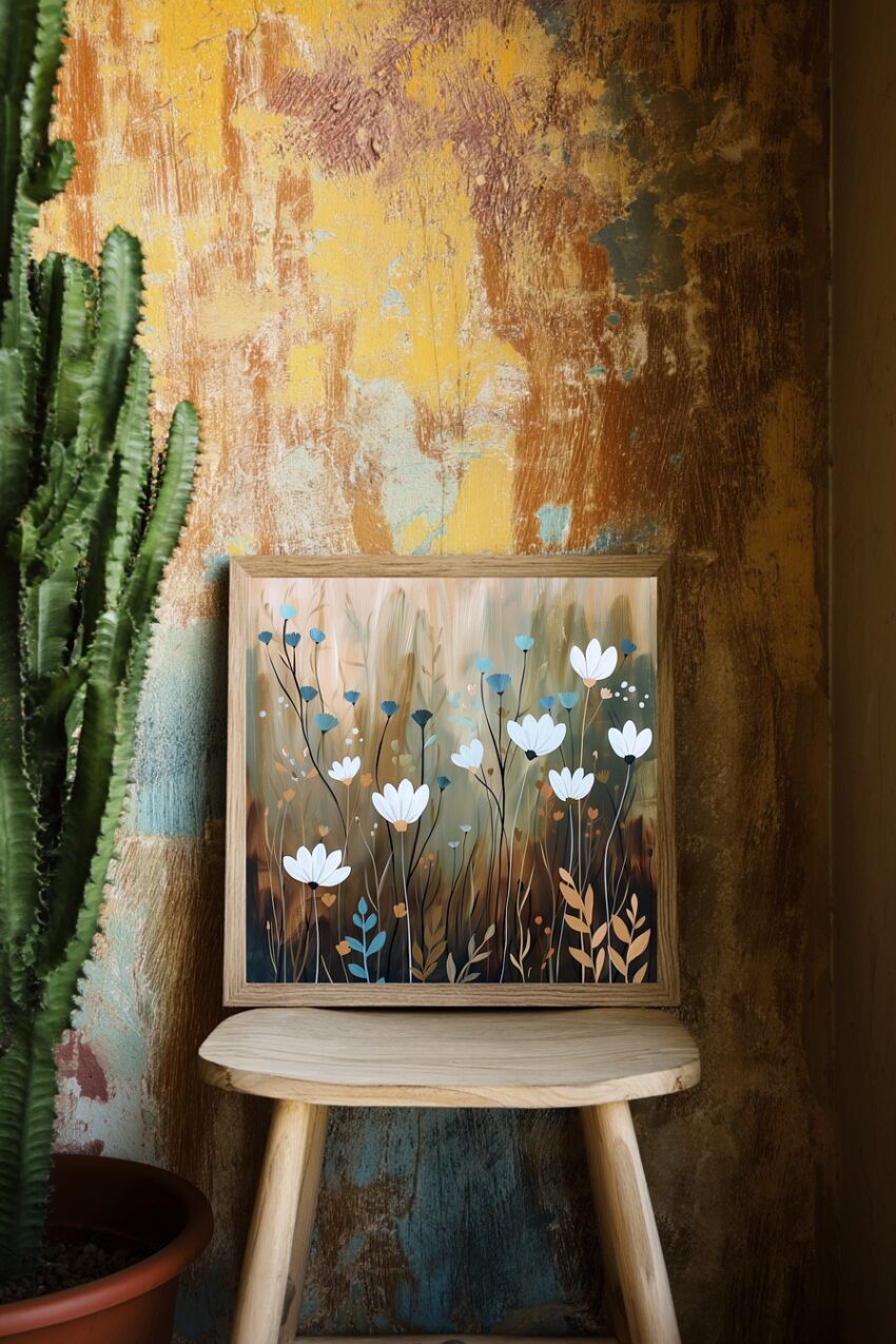 Illustration Poster Blumen weiße Blüten blau braun