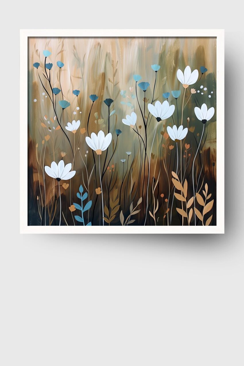 Illustration Poster Blumen weiße Blüten blau braun